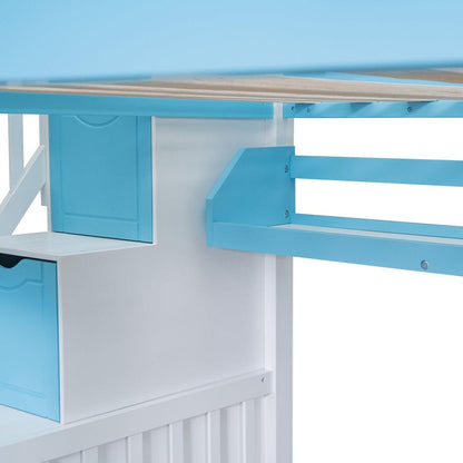 Full-Over-Full Castle Style Bunk Bed with 2 Drawers 3 Shelves and Slide - Blue