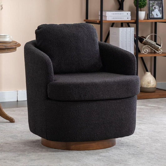 Boucle Fabric Swivel Accent Chair With Soild Wood Round Brown Base Leg,Black