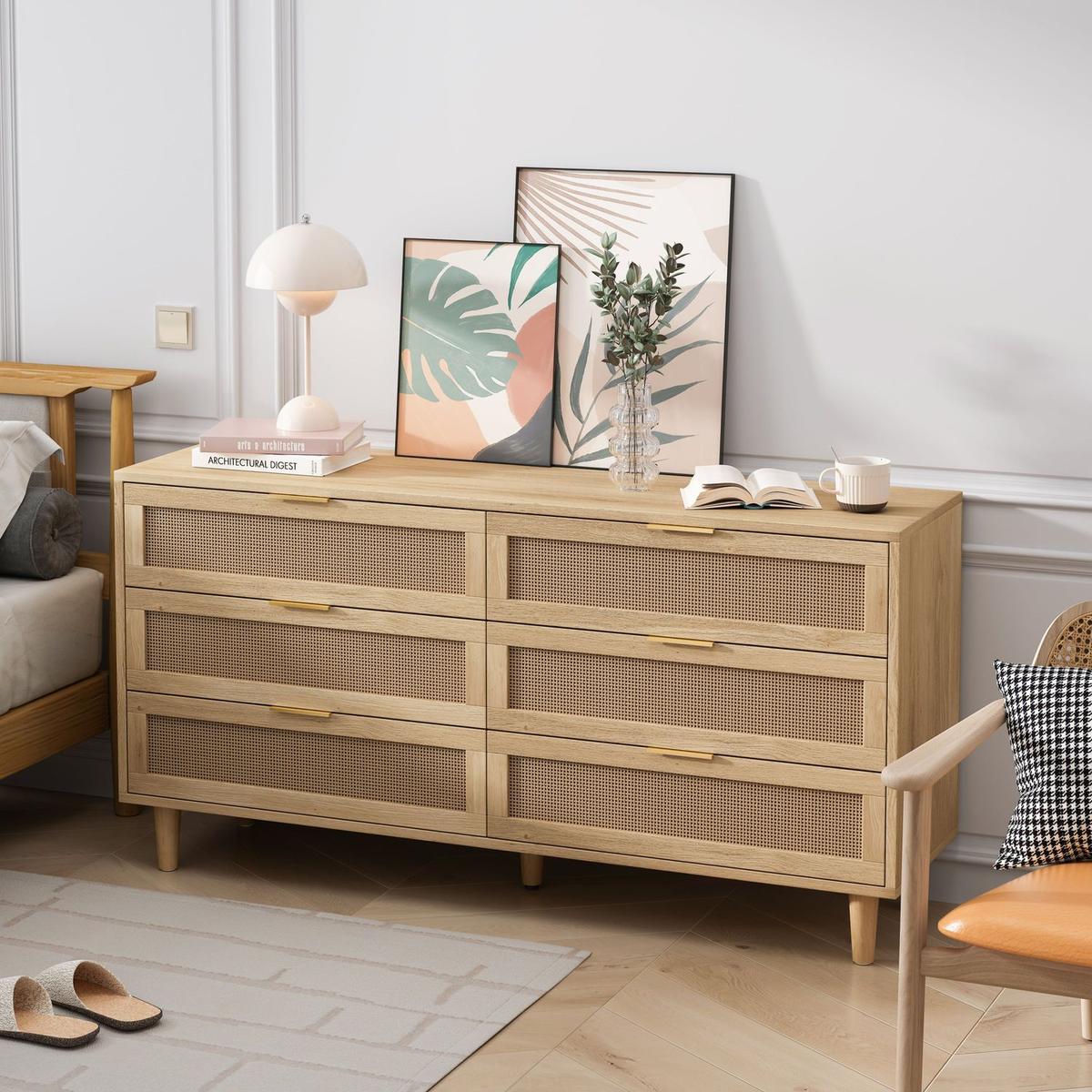 59.06"6-Drawers Rattan Storage Cabinet Rattan Drawer with White Drawer Slides,for Bedroom,Living Room,Natural