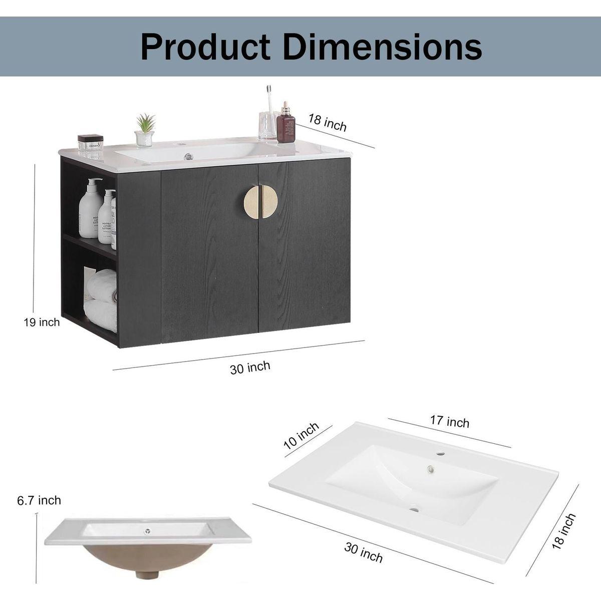 30" Bathroom Vanity with Sink,with two Doors Cabinet Bathroom Vanity Set with Side left Open Storage Shelf,Solid Wood,Excluding faucets,Black