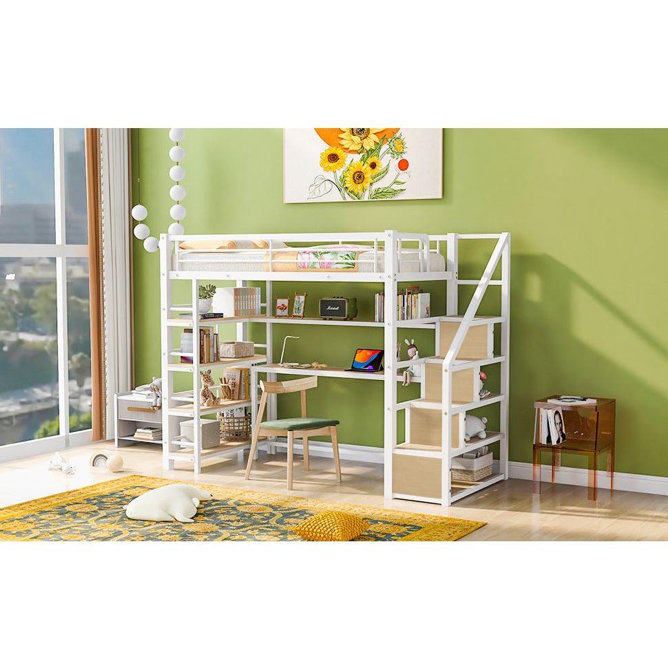 Twin Size Metal Loft bed with Staircase, Built-in Desk and Storage Shelves, White