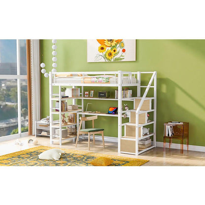 Twin Size Metal Loft bed with Staircase, Built-in Desk and Storage Shelves, White