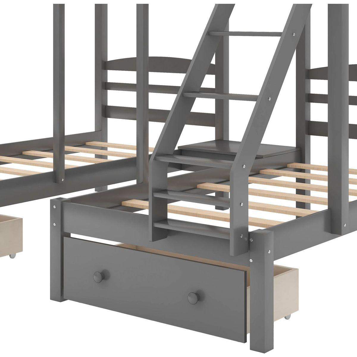 Full over Twin & Twin Bunk Bed,Triple Bunk Bed with Drawers, Gray