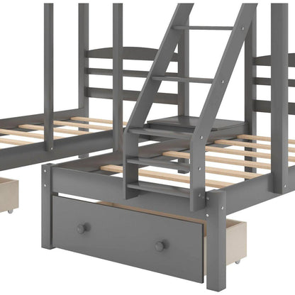 Full over Twin & Twin Bunk Bed,Triple Bunk Bed with Drawers, Gray