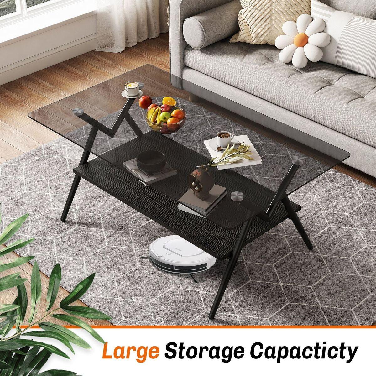 Rectangle Coffee Table with Tempered Glass top and Black MDF Shelf, Modern Table for Living Room, Gray Glass