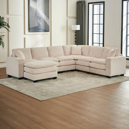 Modern U Shaped 6-seat Sectional Sofa Couch with one Ottoman and three toss pillows, Modular Sofa for Living Room,Corduroy sofa