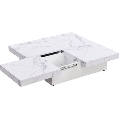 Square Marble Veneer Coffee Table Sliding Top with Storage in White 39.4"