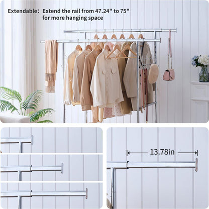 Double Clothing Garment Rack with Shelves Capacity 800lbs Clothing Racks on Wheels Rolling Clothes Rack for Hanging Clothes Heavy Duty Portable Collapsible Commercial Garment Rack