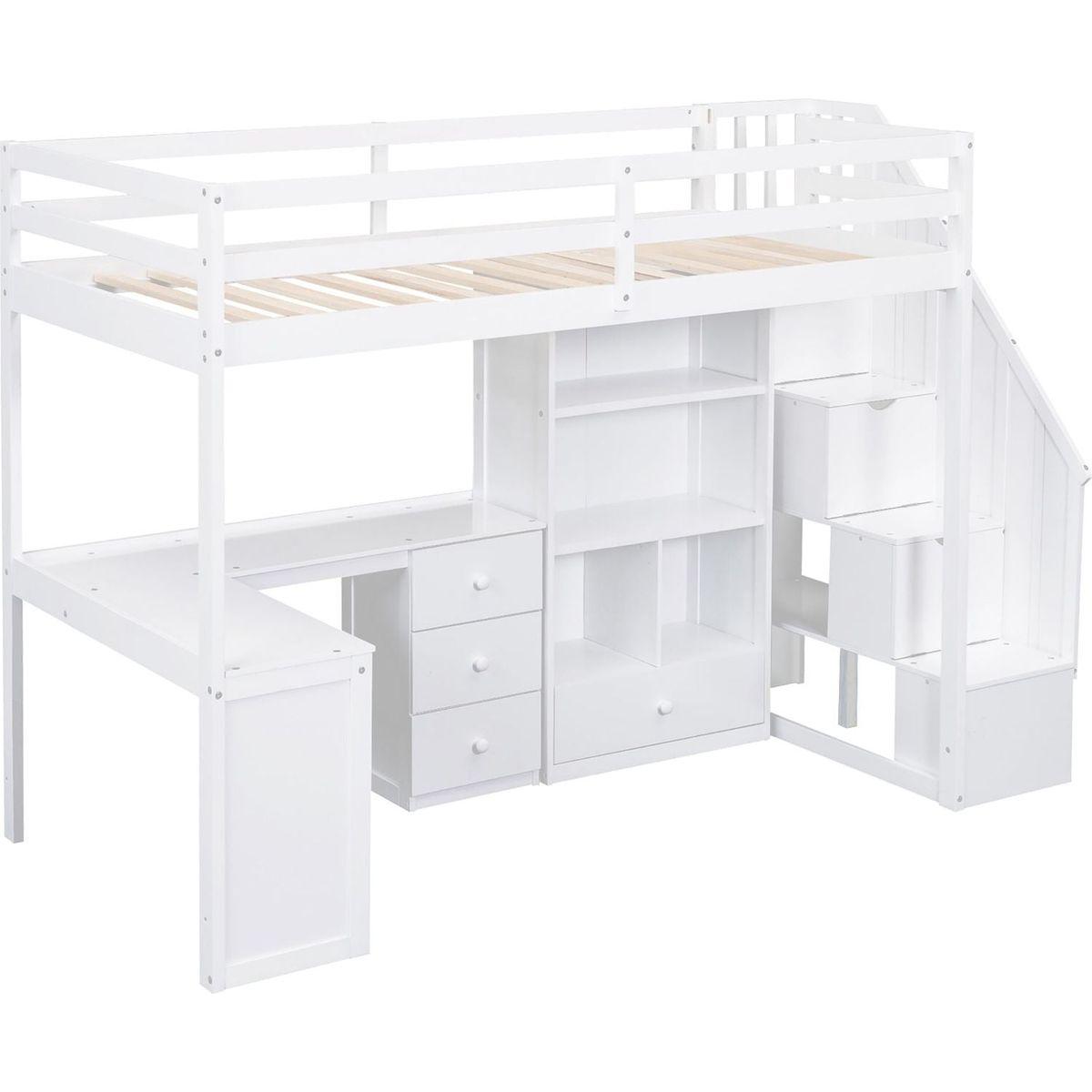 Twin Size Loft Bed with L-Shaped Desk and Drawers, Cabinet and Storage Staircase, White