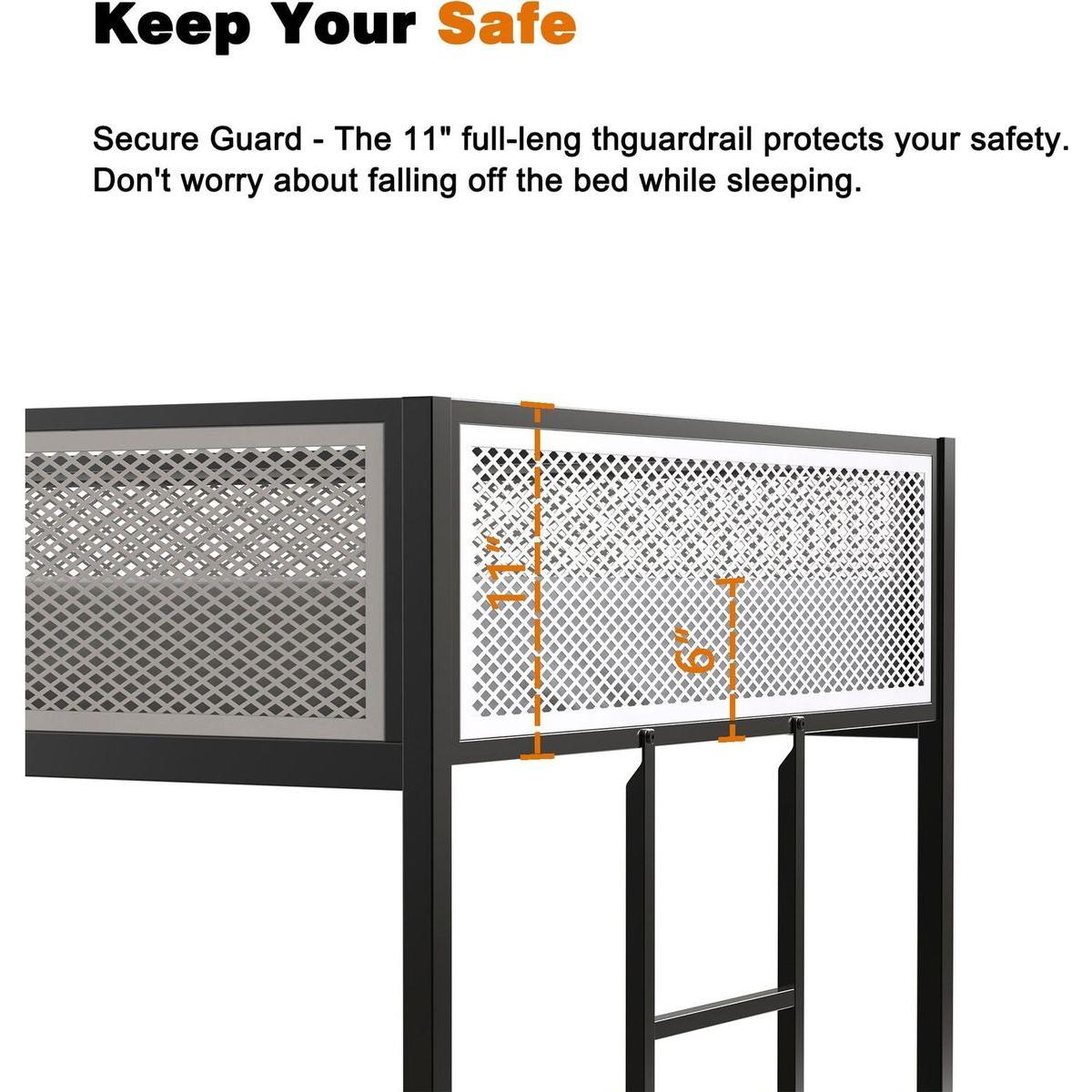 Adam Twin Twin Bunk Black with White Mesh Guard Rail for Kids and Adult, Low Profile and Easy Climbing with Stable Ladder
