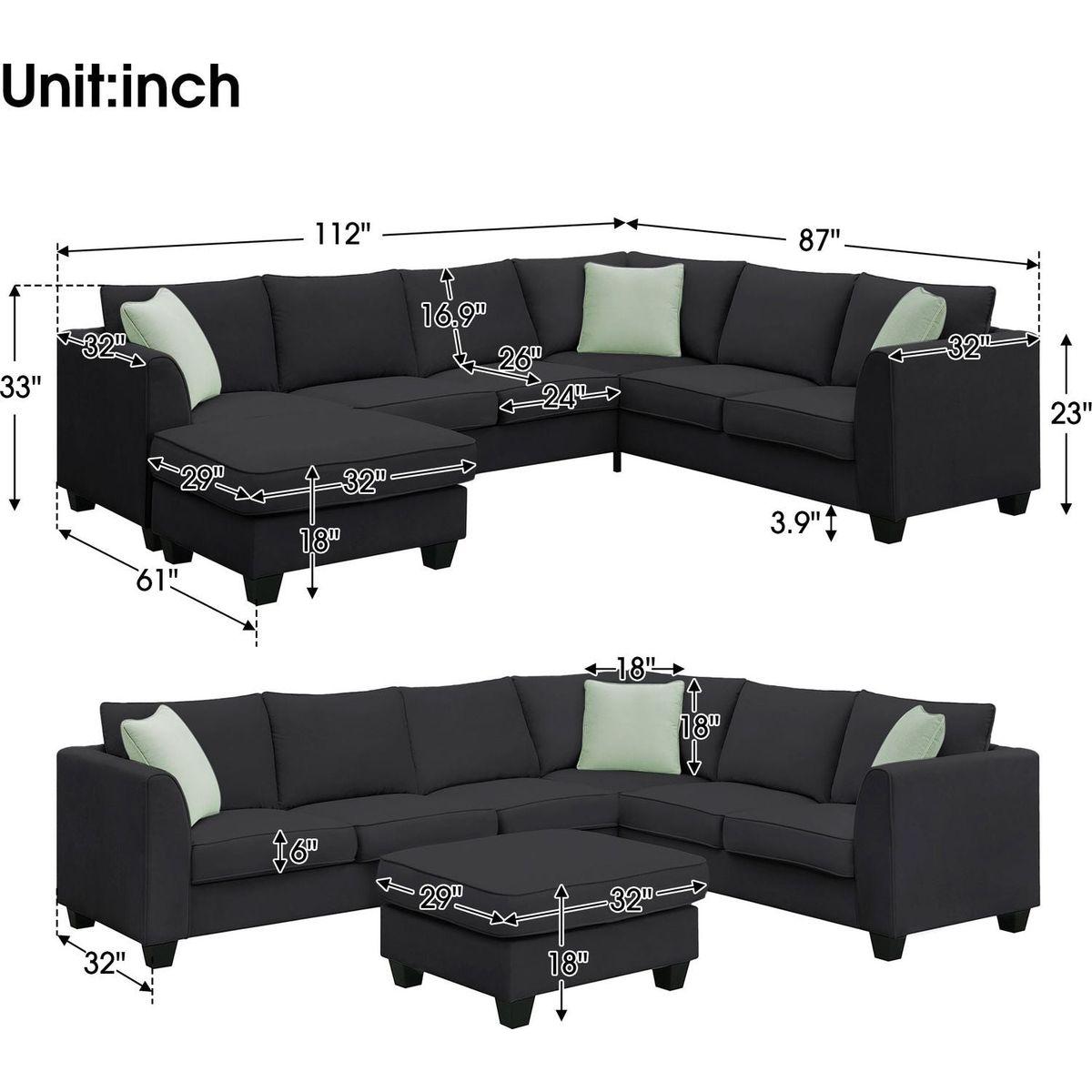 112x87" Sectional Sofa Couches Living Room Sets, 7 Seats Modular Sectional Sofa with Ottoman, L Shape Fabric Sofa Corner Couch Set with 3 Pillows, Black(New of GS008210AAB)