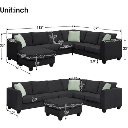 112x87" Sectional Sofa Couches Living Room Sets, 7 Seats Modular Sectional Sofa with Ottoman, L Shape Fabric Sofa Corner Couch Set with 3 Pillows, Black(New of GS008210AAB)