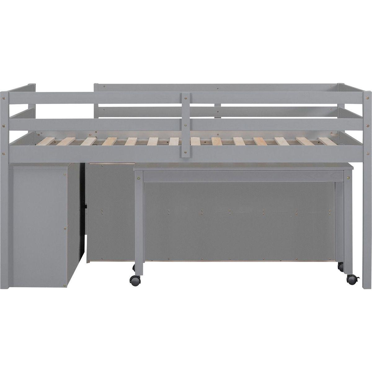 Twin Size Loft Bed with Retractable Writing Desk and 4 Drawers, Wooden Loft Bed with Lateral Portable Desk and Shelves, Gray