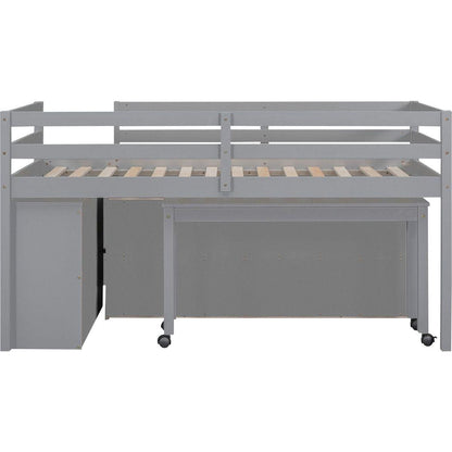 Twin Size Loft Bed with Retractable Writing Desk and 4 Drawers, Wooden Loft Bed with Lateral Portable Desk and Shelves, Gray