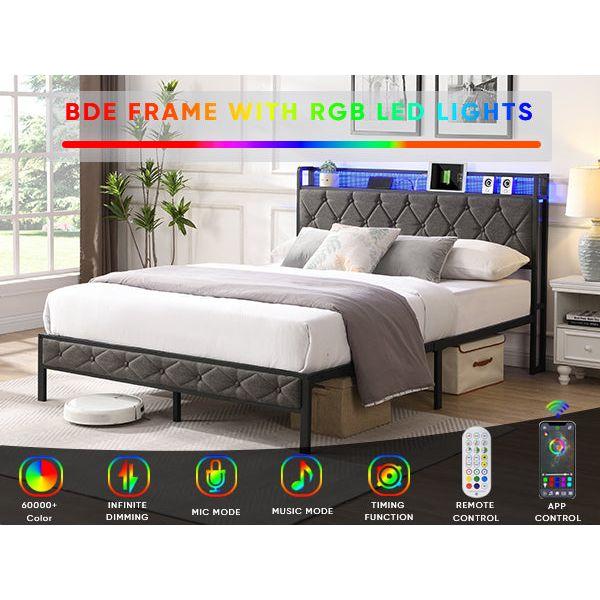 Queen Bed Frame with Storage Headboard, Charging Station and LED Lights, Upholstered Platform Bed with Heavy Metal Slats, No Box Spring Needed, Noise Free, Easy Assembly, Dark Gray