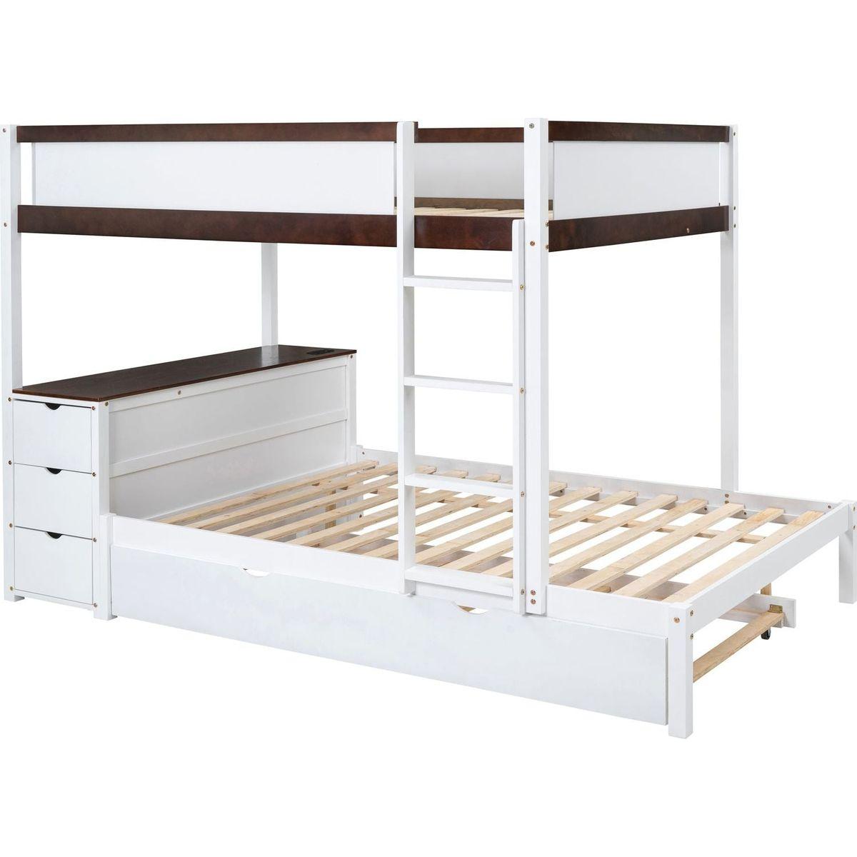 Full-Over-Full Bunk Bed with Twin size Trundle, Storage and Desk, White+Walnut