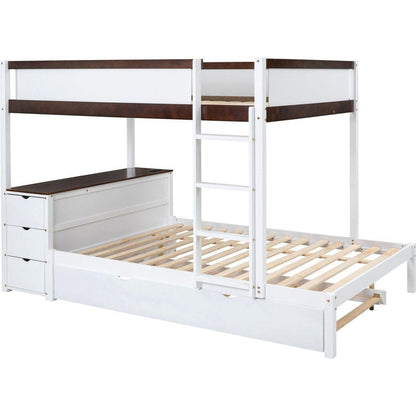 Full-Over-Full Bunk Bed with Twin size Trundle, Storage and Desk, White+Walnut