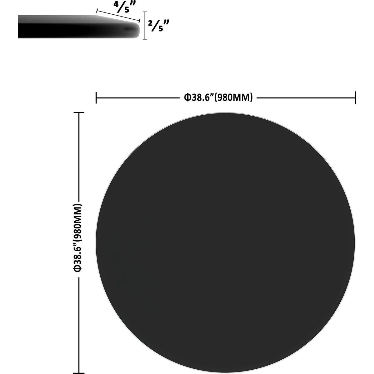 38.6" Inch Round Tempered Glass Table Top Black Glass 2/5" Inch Thick Beveled Polished Edge