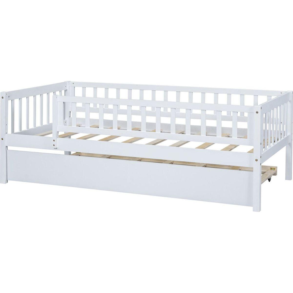 Twin Size Wood Daybed with Trundle and Fence Guardrails, White