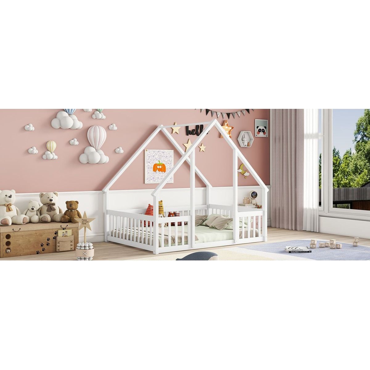 Full Wood House-Shaped Floor Bed with Fence, Guardrails,White