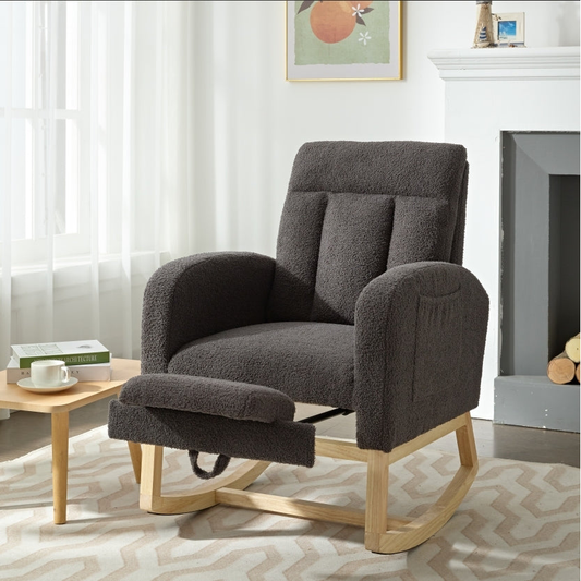 Modern Accent Rocking Chair Rocking Chair with Solid Wood Legs, adjustable Footrest,Comfy Armchair with Side Pocket, Living Room Lounge Arm Chair with High Backrest (gray,teddy)