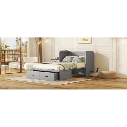 Full Size Murphy Bed with USB Port and a Large Drawer, Gray