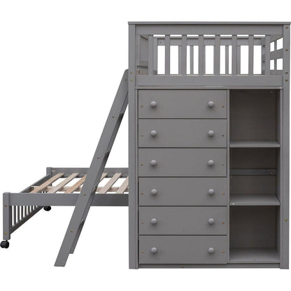 Wooden Twin Over Full Bunk Bed With Six Drawers And Flexible Shelves,Bottom Bed With Wheels,Gray