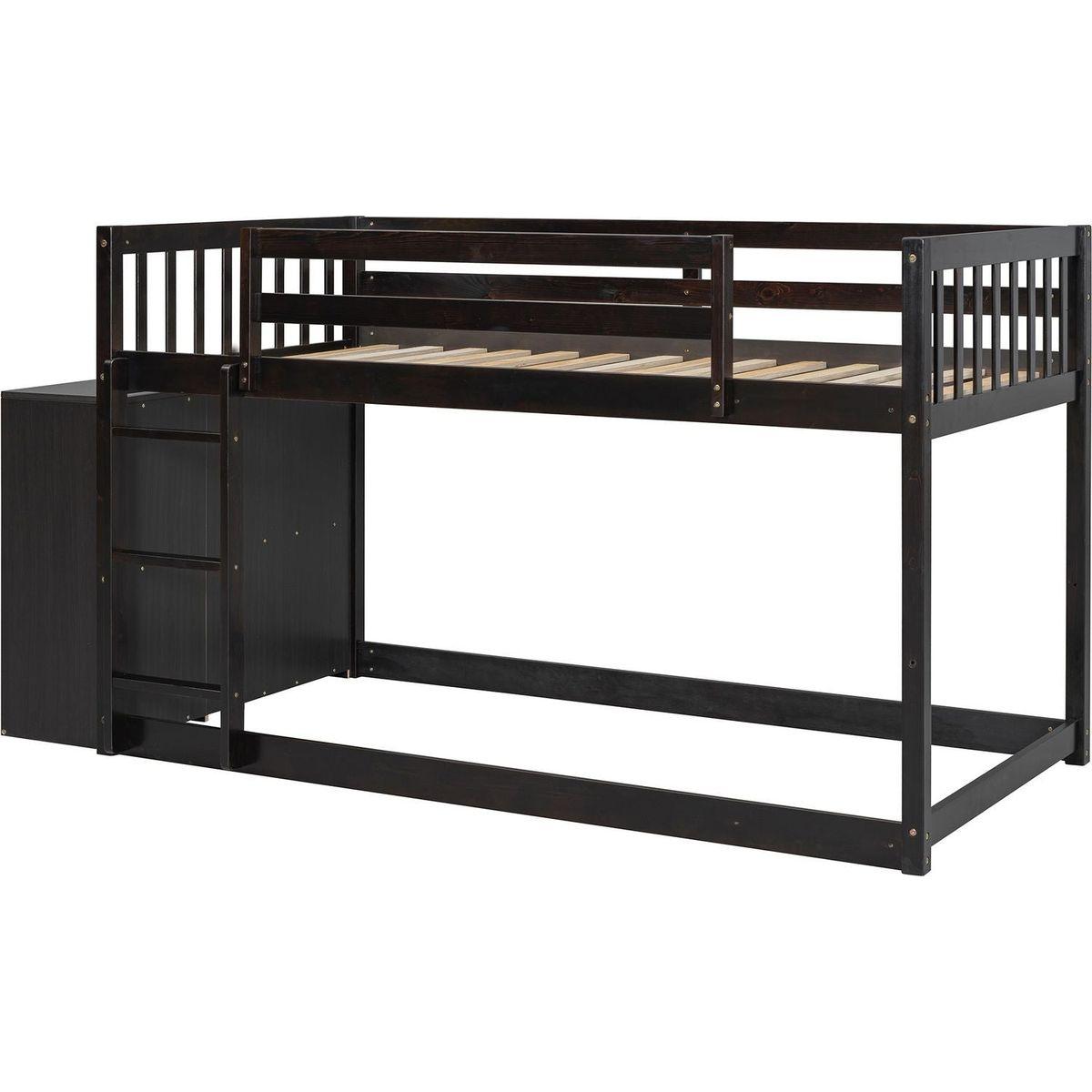 Twin over Twin Bunk Bed with 4 Drawers and 3 Shelves-Espresso