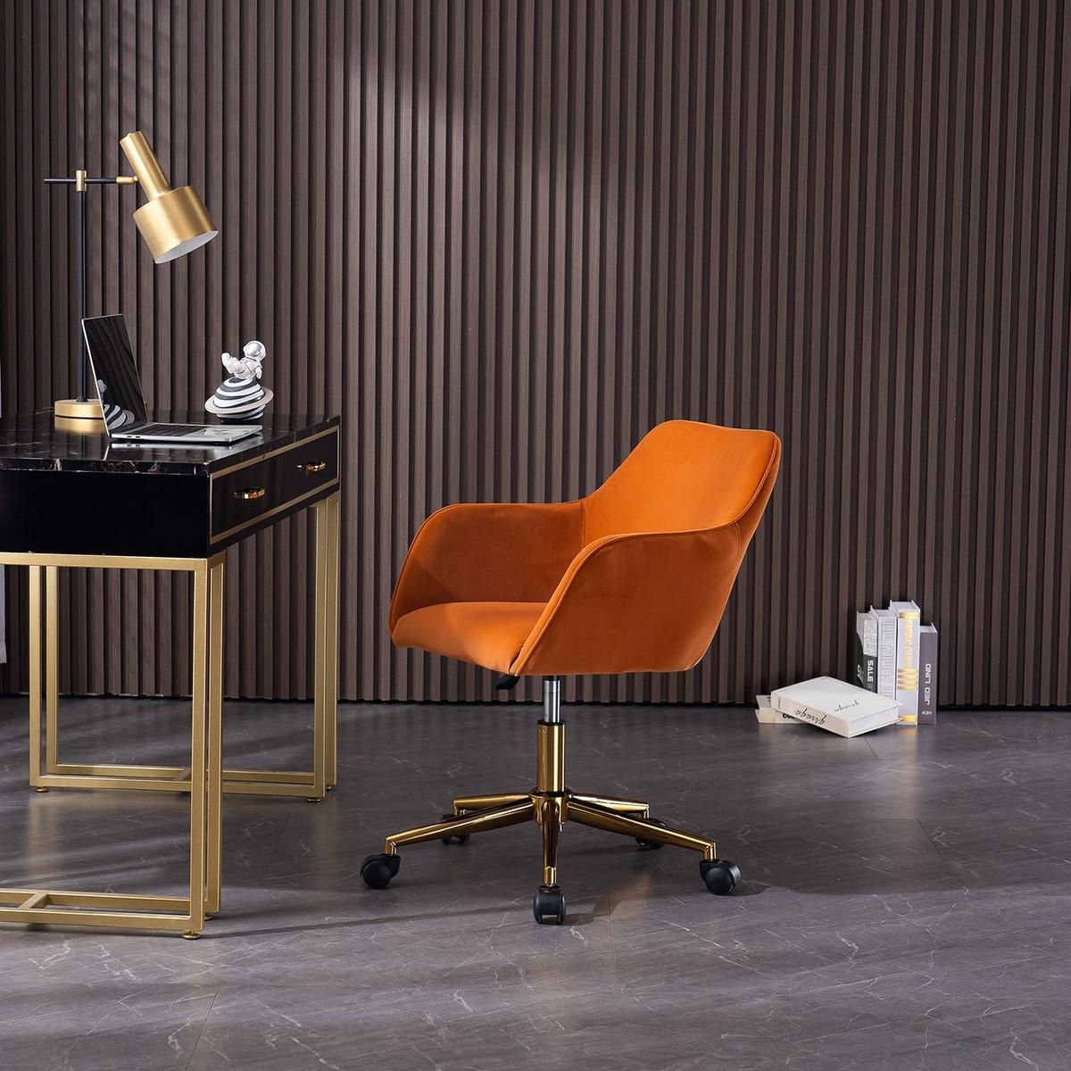 Modern Velvet Fabric Material Adjustable Height 360 revolving Home Office Chair with Gold Metal Legs and Universal Wheels for Indoor,Orange