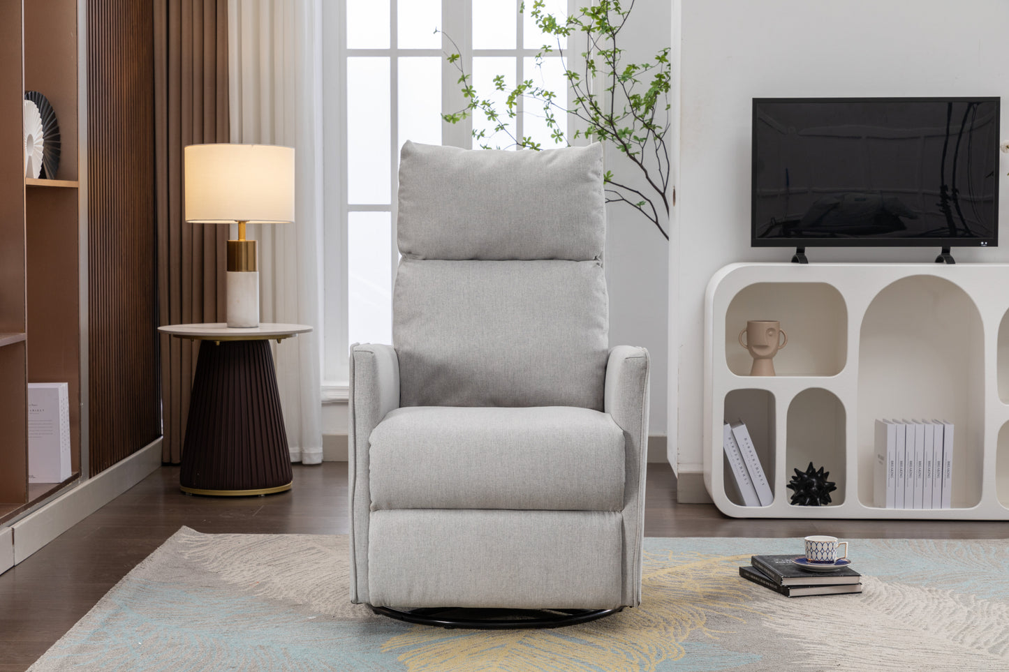 Cotton Linen Fabric Swivel Rocking Chair Glider Rocker Recliner Nursery Chair With Adjustable Back And Footrest For Living Room Indoor,Light Gray