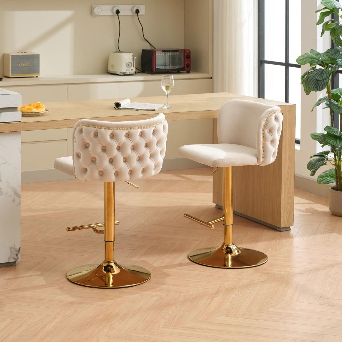 Swivel Barstools Adjusatble Seat Height With Gold-plating Base, Classic Velvet Upholstered Bar Stools with the whole Back Tufted, for Home Pub and Kitchen Island,Beige, Set of 2