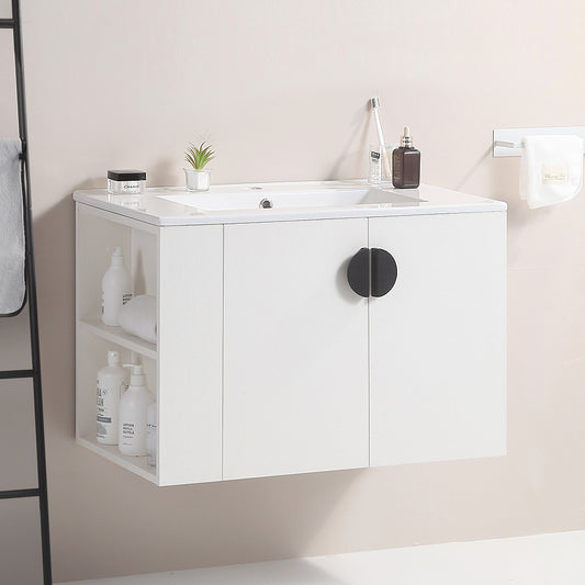 30" Bathroom Vanity with Sink,with two Doors Cabinet Bathroom Vanity Set with Side left Open Storage Shelf,Solid Wood,Excluding faucets,white