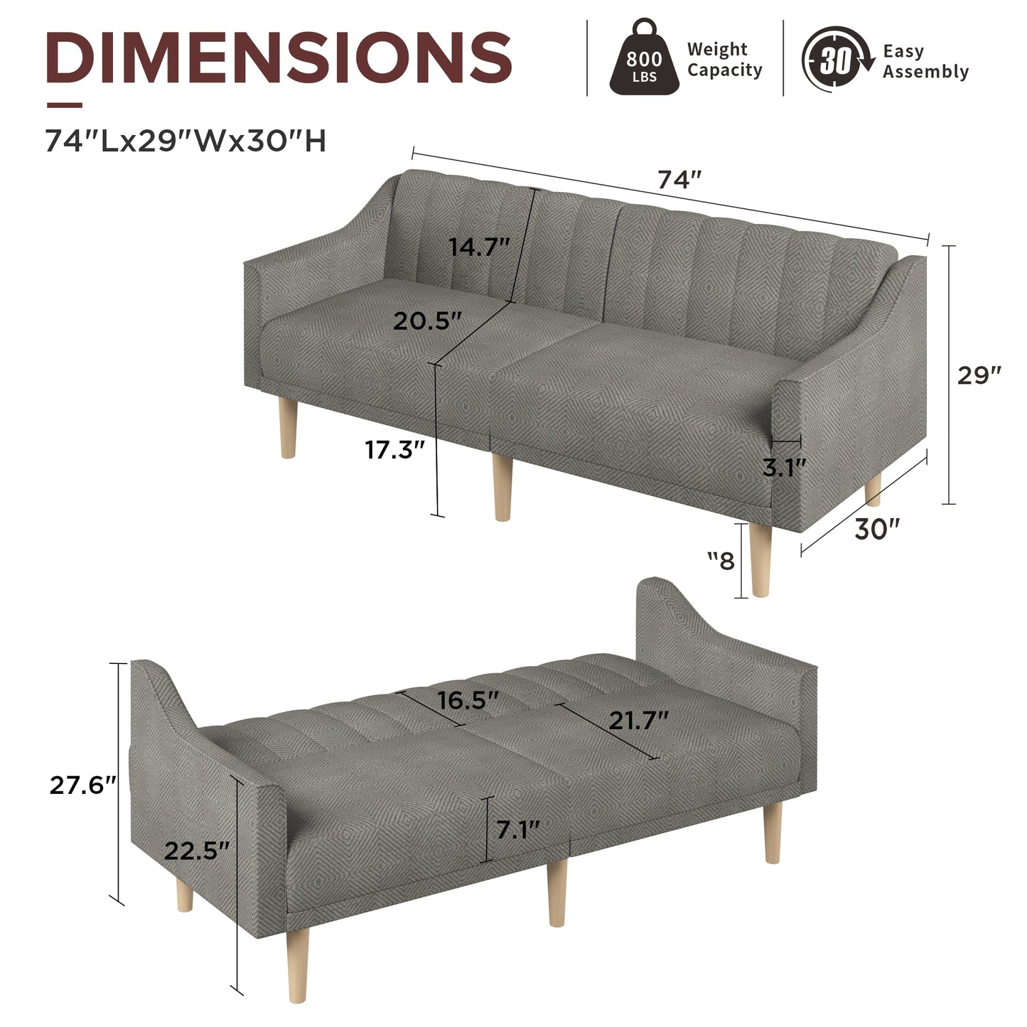 ACMEASE 74" Sofa Bed with Adjustable Backrest, Convertible Sleeper, Modern Recliner for Living Room, Bedroom, Dark Gray