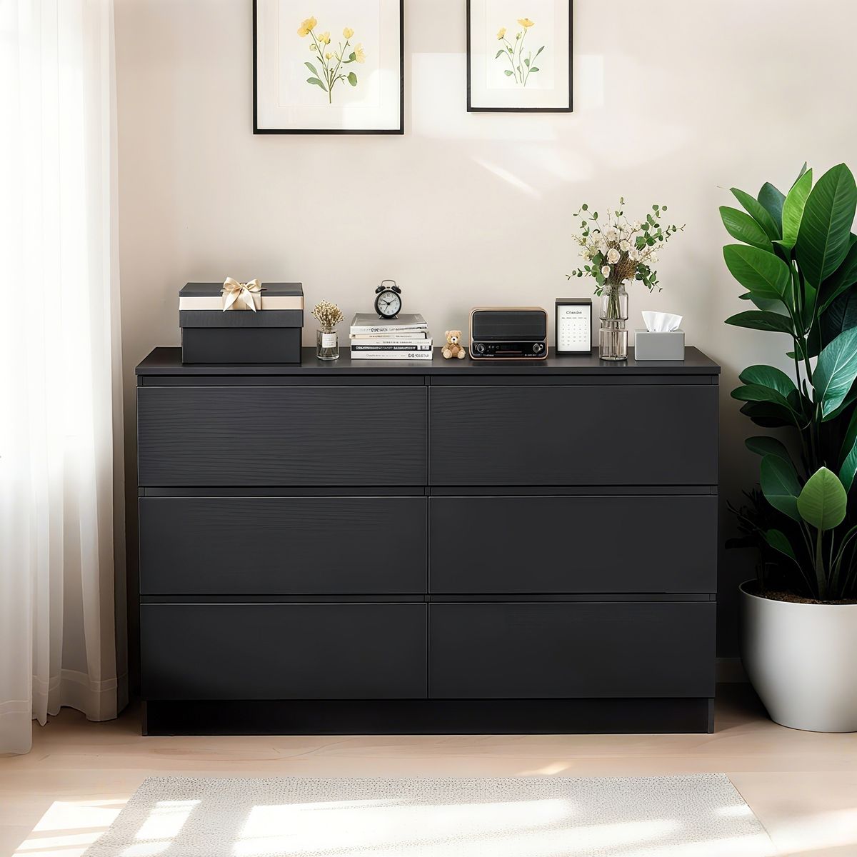 6 Drawer Black Dresser, Modern Bedroom Dresser with Spacious Countertop, Wood Storage Cabinet with Concealed Handles