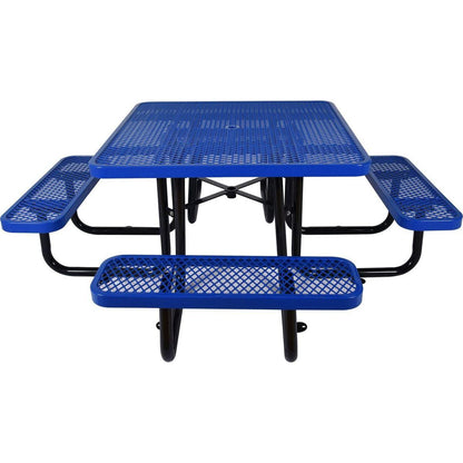 Square Outdoor Steel Picnic Table 46" blue, with umbrella pole
