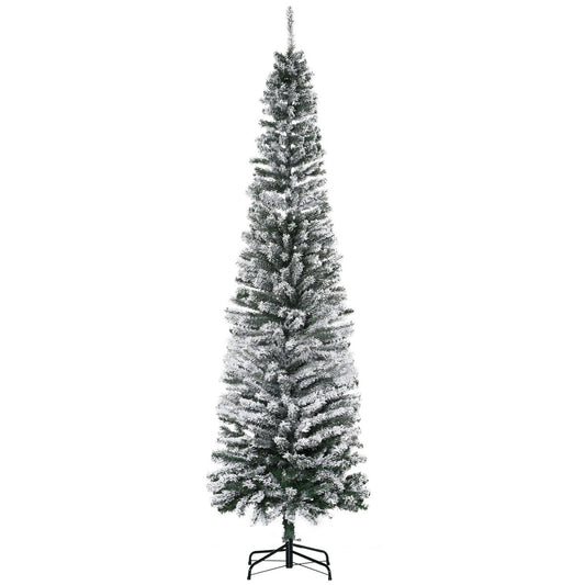 HOMCOM 7.5' Tall Unlit Snow-Flocked Slim Artificial Christmas Tree with Realistic Branches and 738 Tips