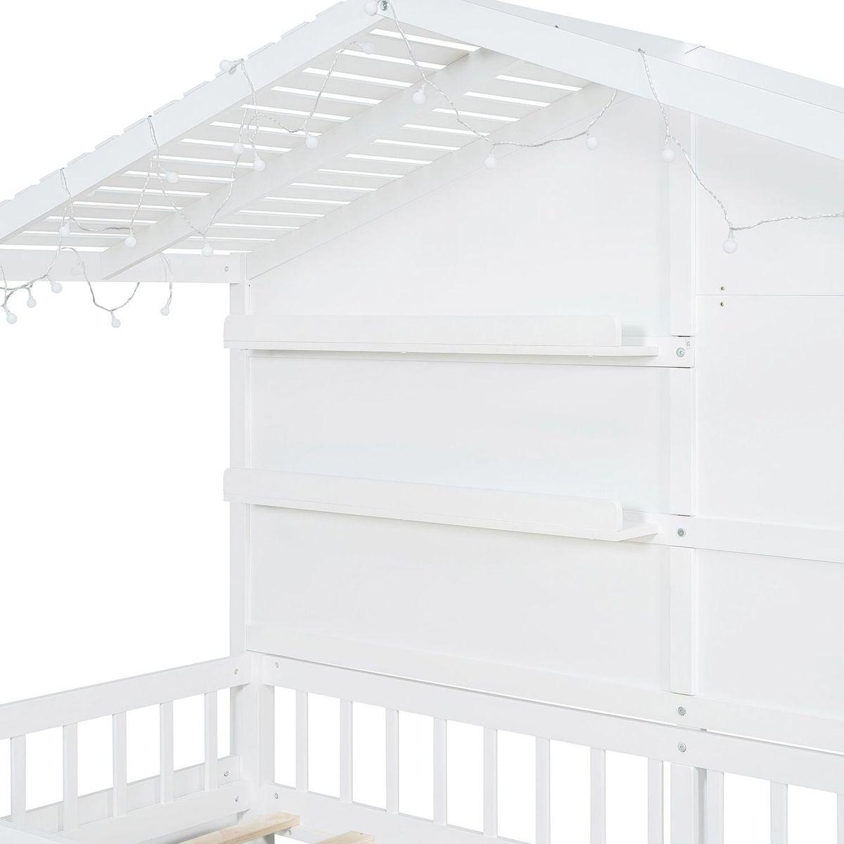 Twin Size House Bed with Shelves, House Bed with Window and Sparkling Light Strip on the Roof, White