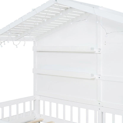 Twin Size House Bed with Shelves, House Bed with Window and Sparkling Light Strip on the Roof, White