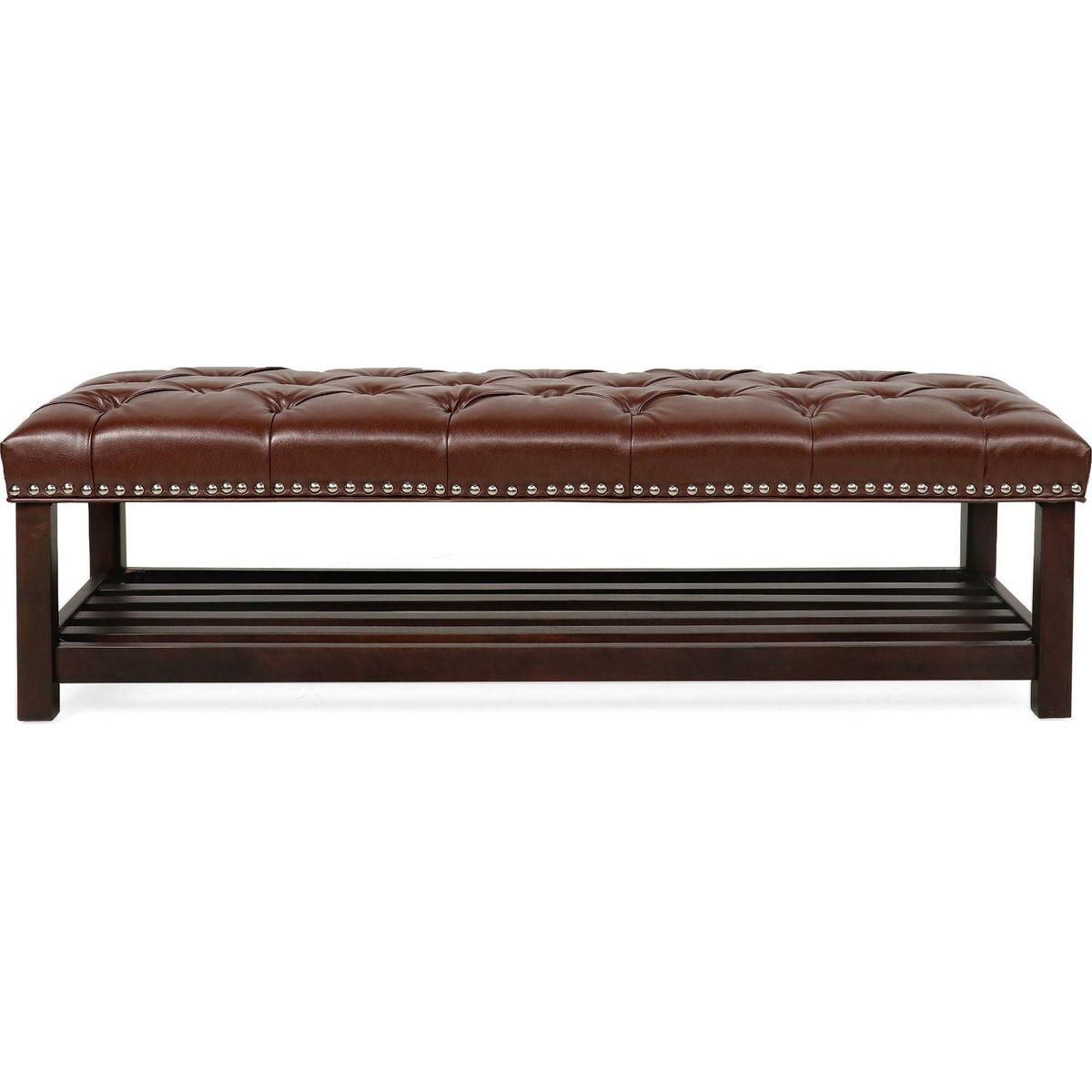 Bedroom End of Bed Bench Tufted Upholstered End of Bed Bench End of Bed Entrance Shoe Bench, 60" with Nailhead Trim and Shelf Bedroom Upholstered Leather Bench Living Room Shoe Rack Footstool (brown)
