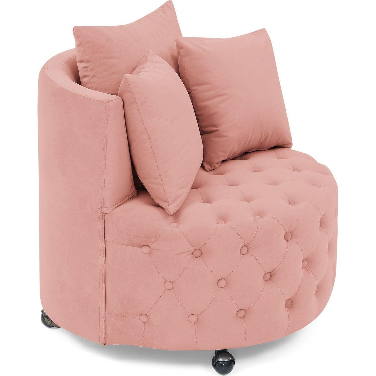 Velvet Upholstered Swivel Chair for Living Room, with Button Tufted Design and Movable Wheels, Including 3 Pillows, Pink