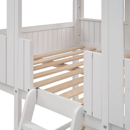 Full Over Full WoodBunk Bed with Roof, Window, Guardrail, Ladder(White)