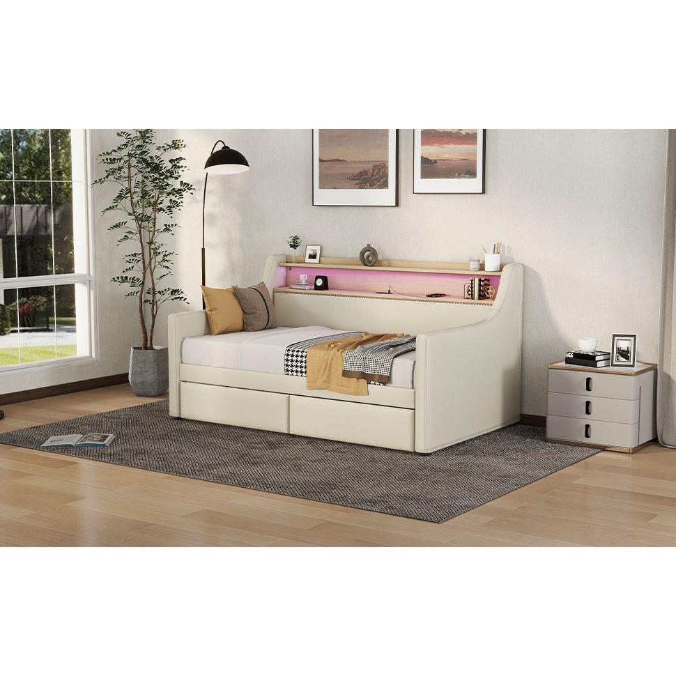 Twin Size Daybed with Storage Drawers, Upholstered Daybed with Charging Station and LED Lights, Beige