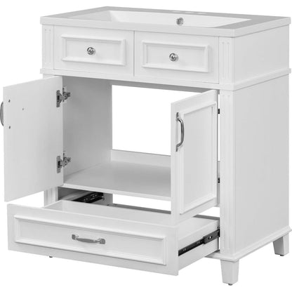 30" Bathroom Vanity with Resin Sink, Solid Wood Frame Bathroom Storage Cabinet with Soft Closing Doors, Retro Style, White