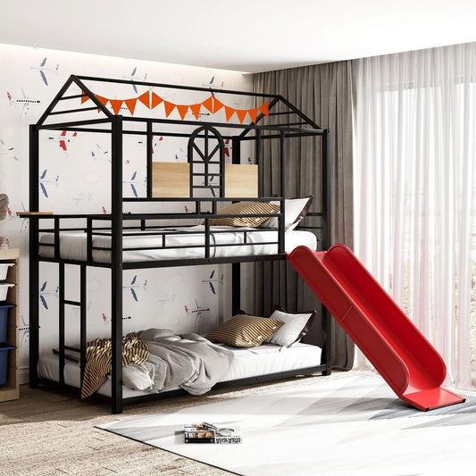 Twin Over Twin Metal Bunk Bed, Metal Housebed With Slide,Three Colors Available.(Black with Red Slide)
