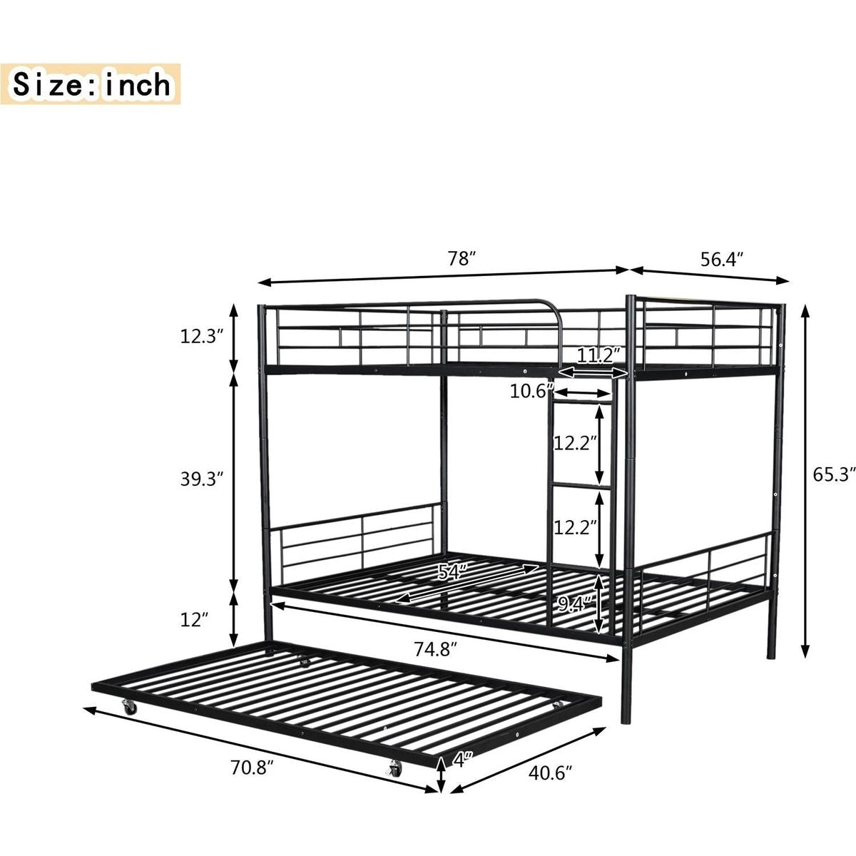 Full Over Full Metal Bunk Bed with Trundle, Black