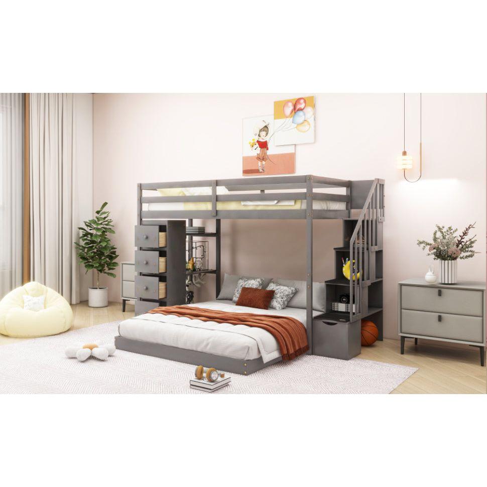 Twin Over Full Bunk Bed with 3-layer Shelves, Drawers and Storage Stairs, Gray