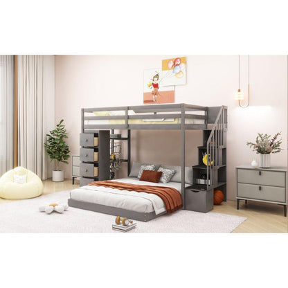 Twin Over Full Bunk Bed with 3-layer Shelves, Drawers and Storage Stairs, Gray