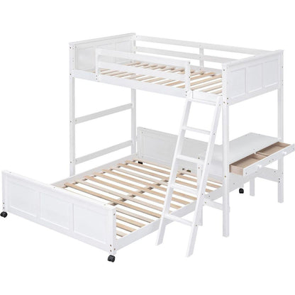 Twin Over Full Bunk Bed with Desk, White