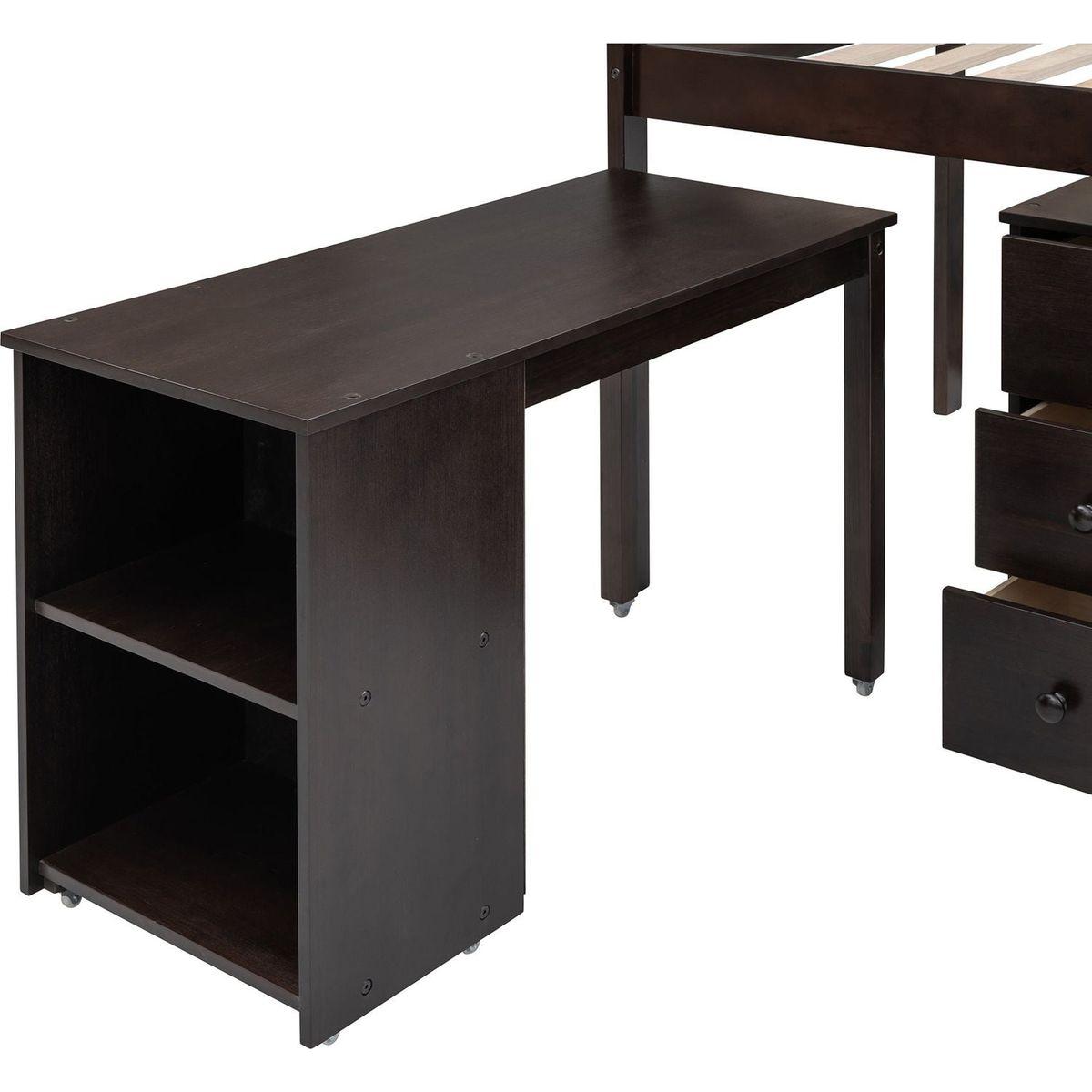Low Study Twin Loft Bed with Cabinet and Rolling Portable Desk - Espresso