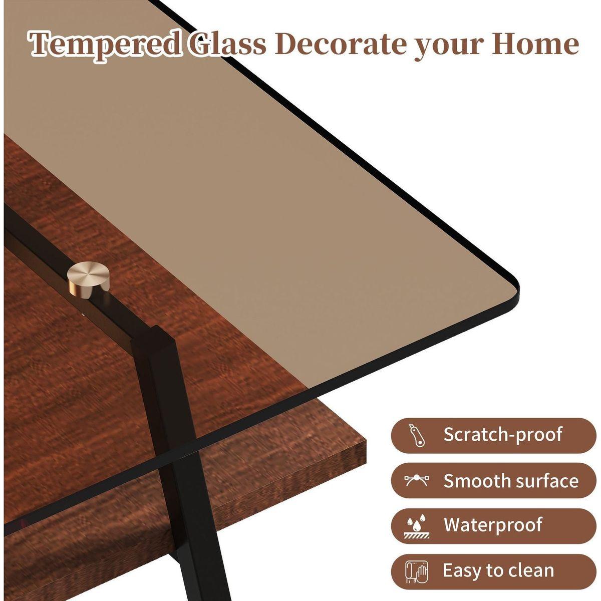 Rectangle Coffee Table, Tempered Glass Tabletop with Black Metal Legs, Modern Table for Living Room, Brown Glass
